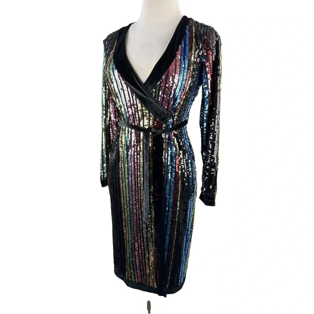 Lulu's Pretty Prismatic Rainbow Striped Sequin Midi Robe Dress TS Era's Style S - Picture 2 of 15